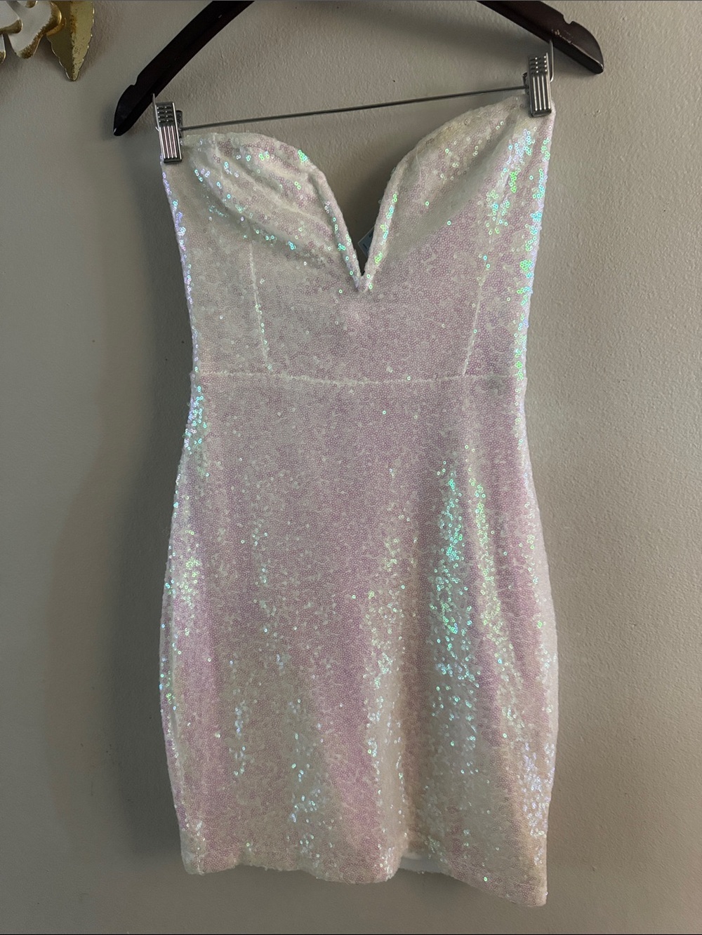 Strapless Iridescent Sequin Mini Dress in Pale Pink